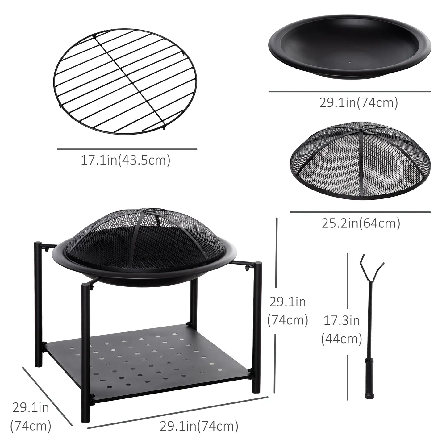Outdoor Fire Pit with Metal Screen Cover and Storage Shelf