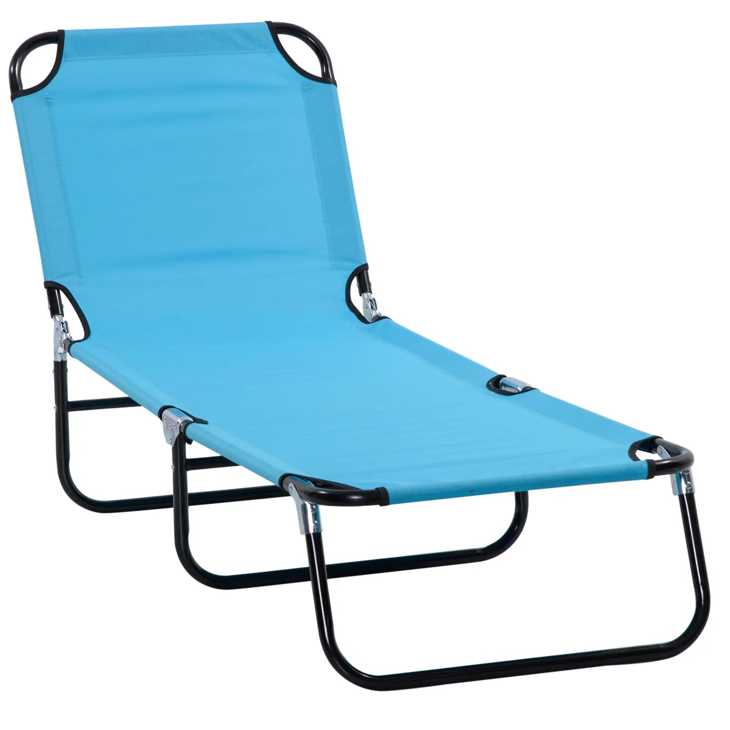 Folding light blue mesh outdoor lounge chair on patio
