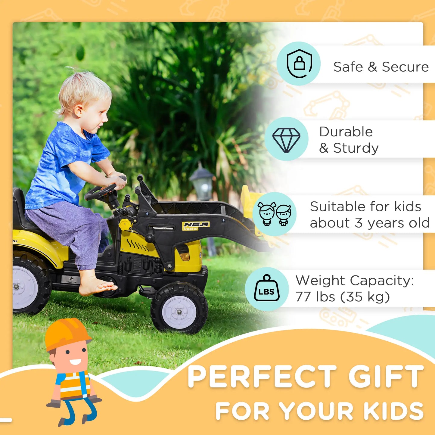 Ride on Pedal Excavator Tractor for Kids with Front Loader Digger