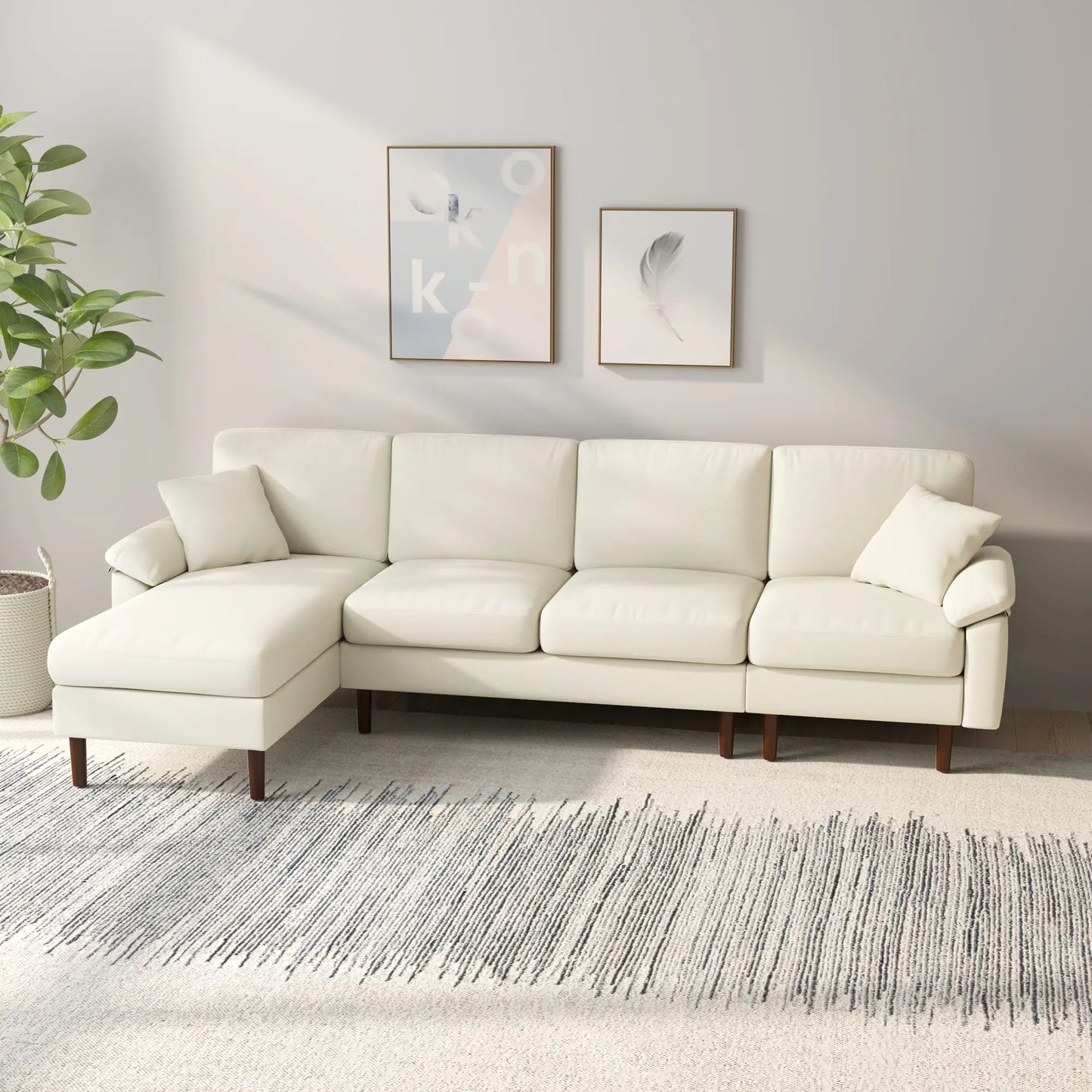 Modern L-Shape Sectional Sofa with Changeable Chaise Lounge | Cream White