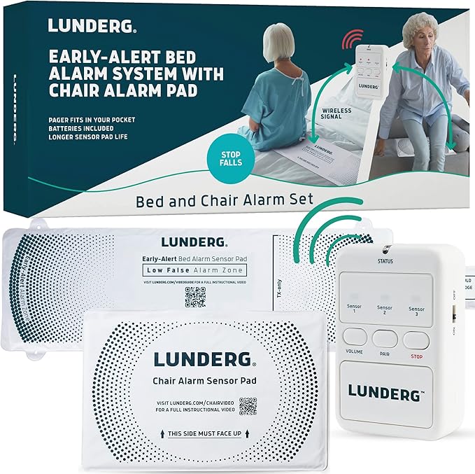 Lunderg Bed Alarm for Elderly Adults & Chair Alarm Set - Wireless Early-Alert Sensor Pad, Chair Pad & Pager