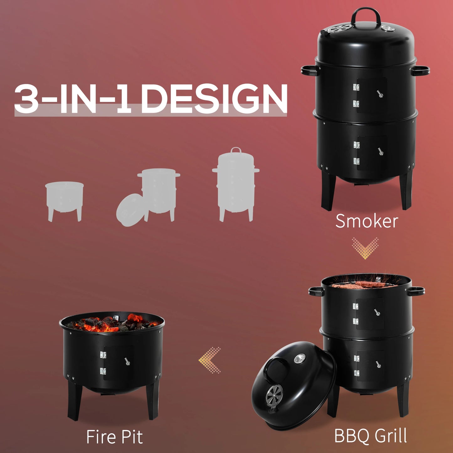 3-In-1 Barrel Charcoal BBQ Grill & Smoker