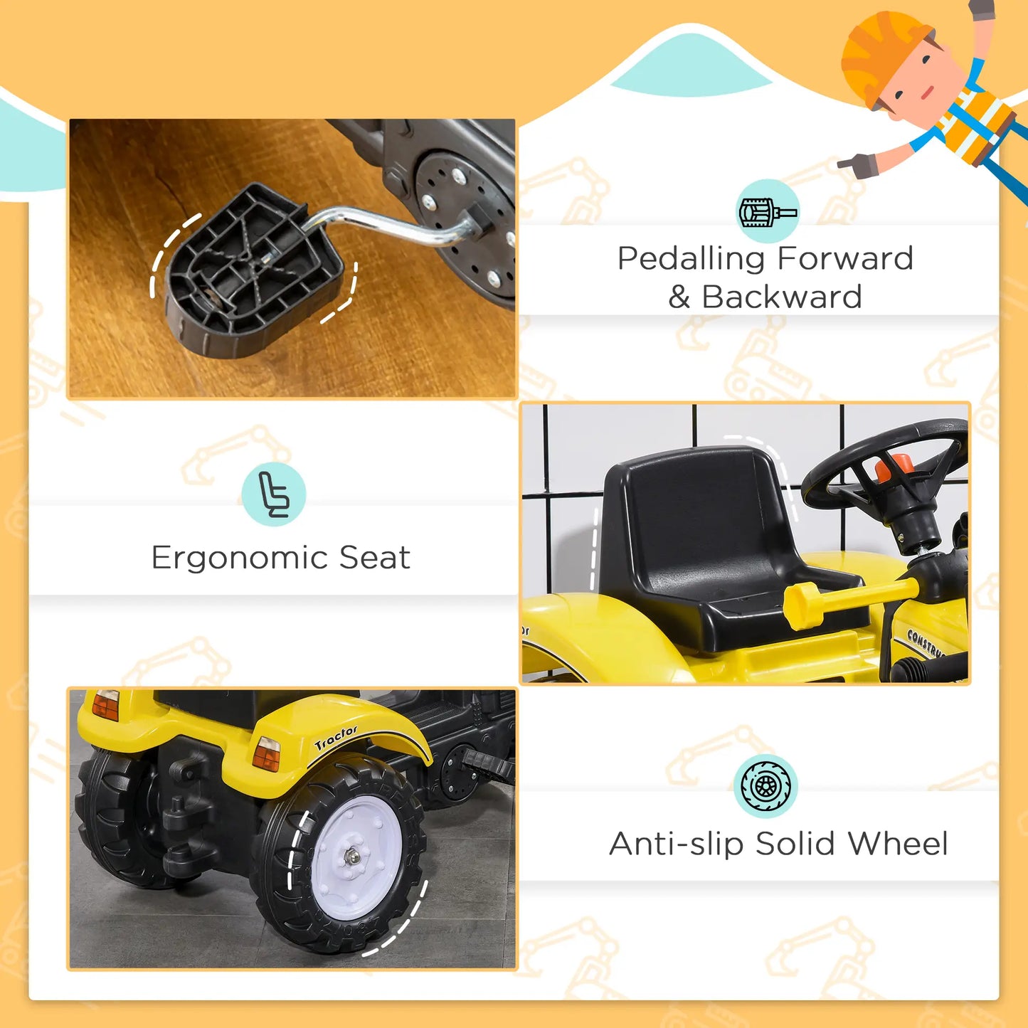 Ride on Pedal Excavator Tractor for Kids with Front Loader Digger
