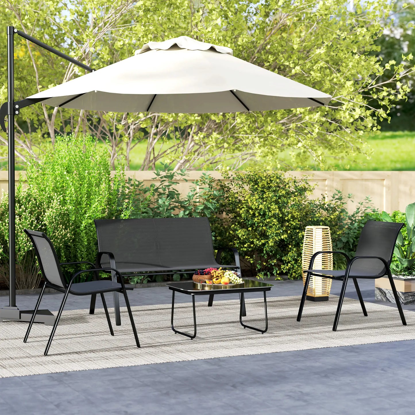 Black 4-Piece Breathable Mesh Outdoor Patio Furniture Set with Glass Table
