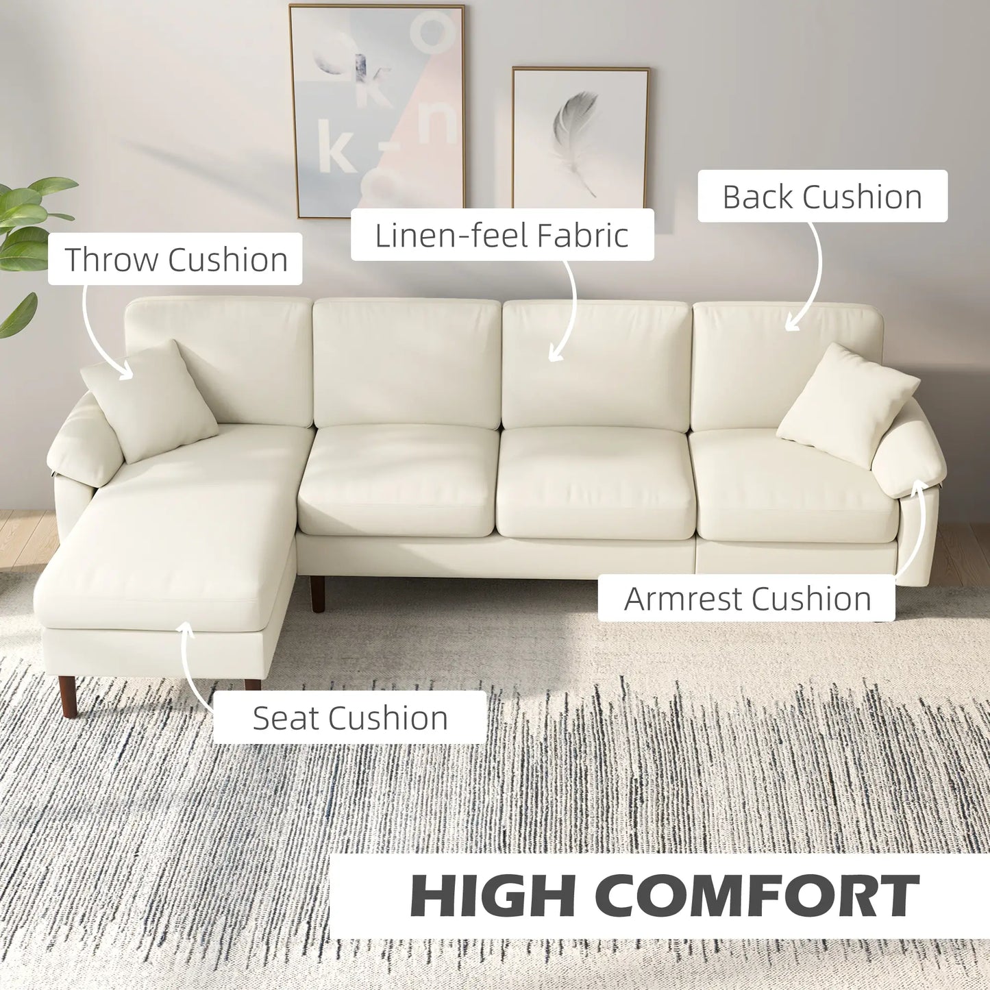 Modern L-Shape Sectional Sofa with Changeable Chaise Lounge | Cream White