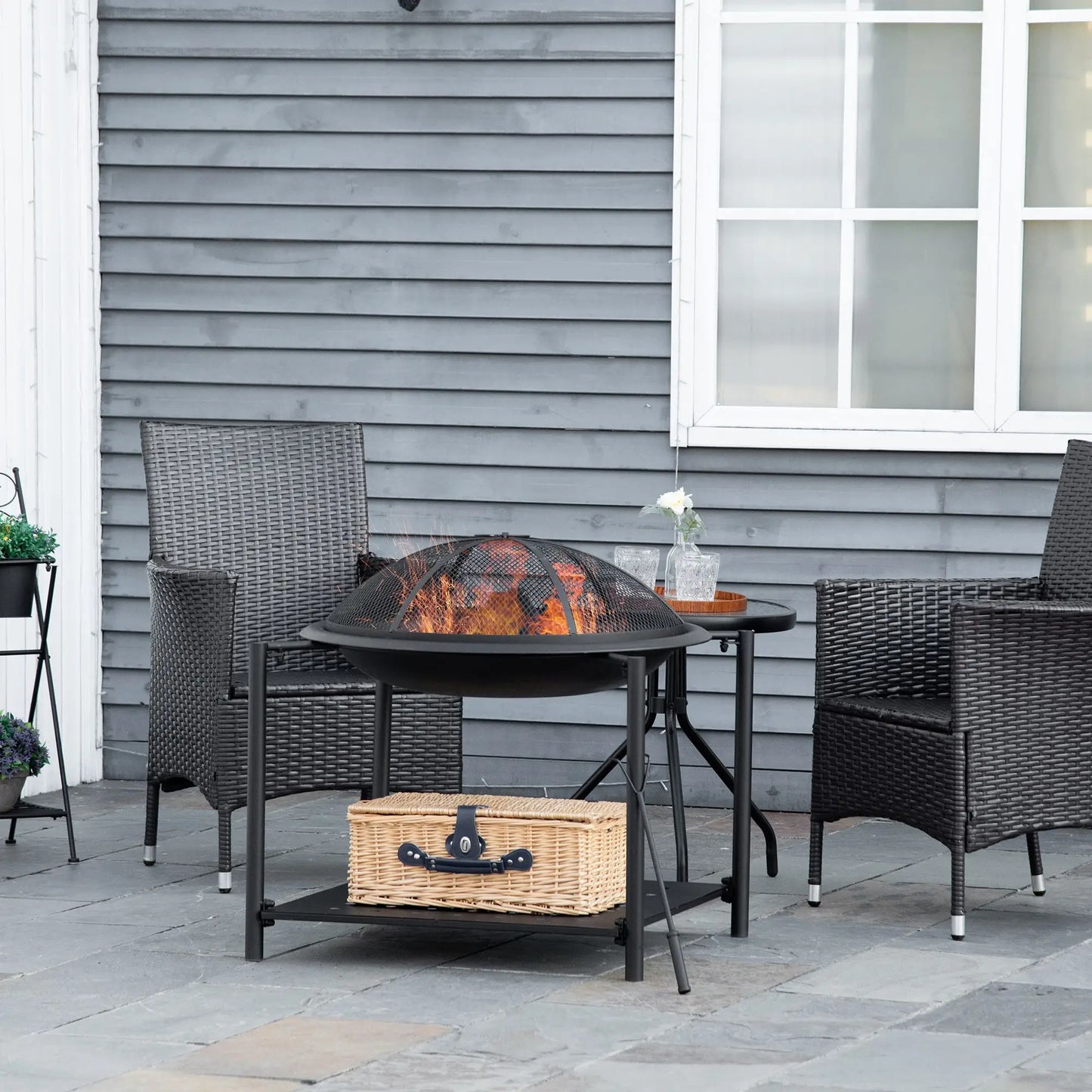 Outdoor Fire Pit with Metal Screen Cover and Storage Shelf