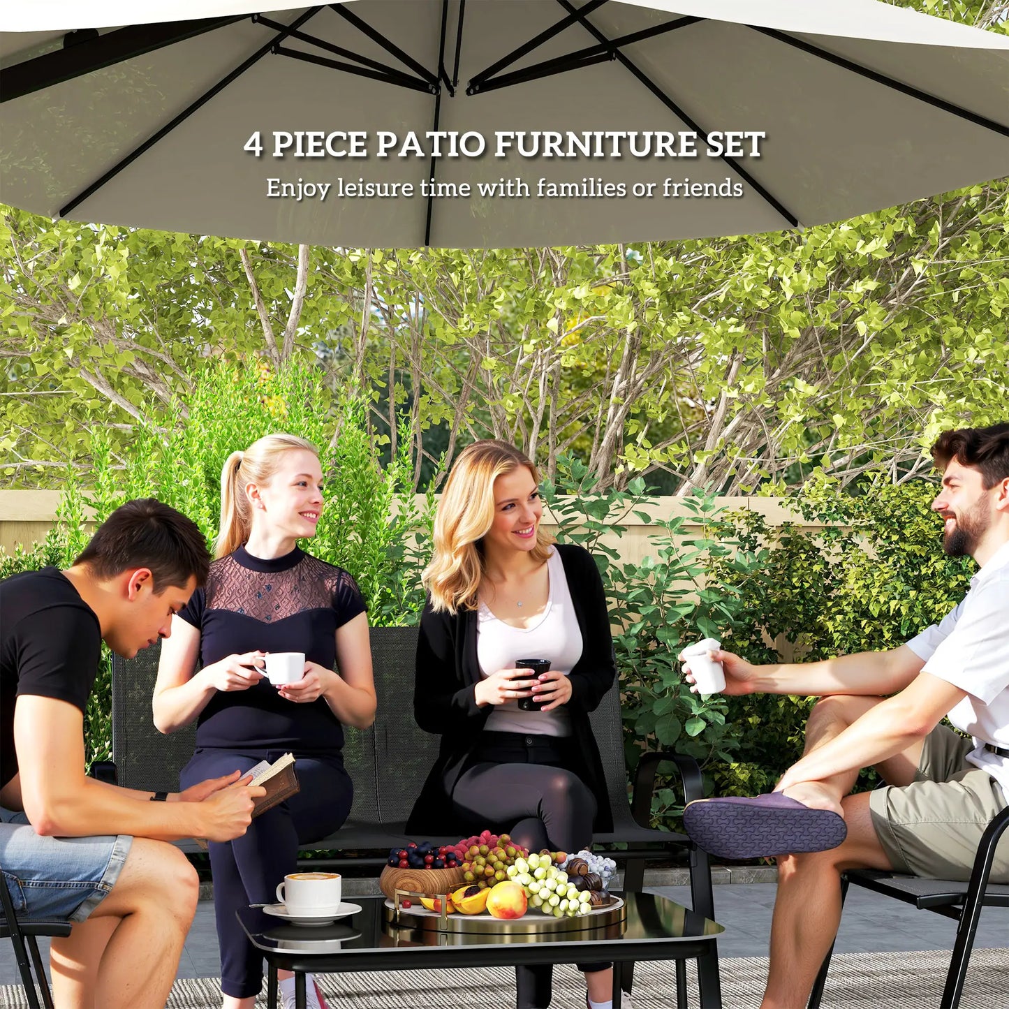 Black 4-Piece Breathable Mesh Outdoor Patio Furniture Set with Glass Table