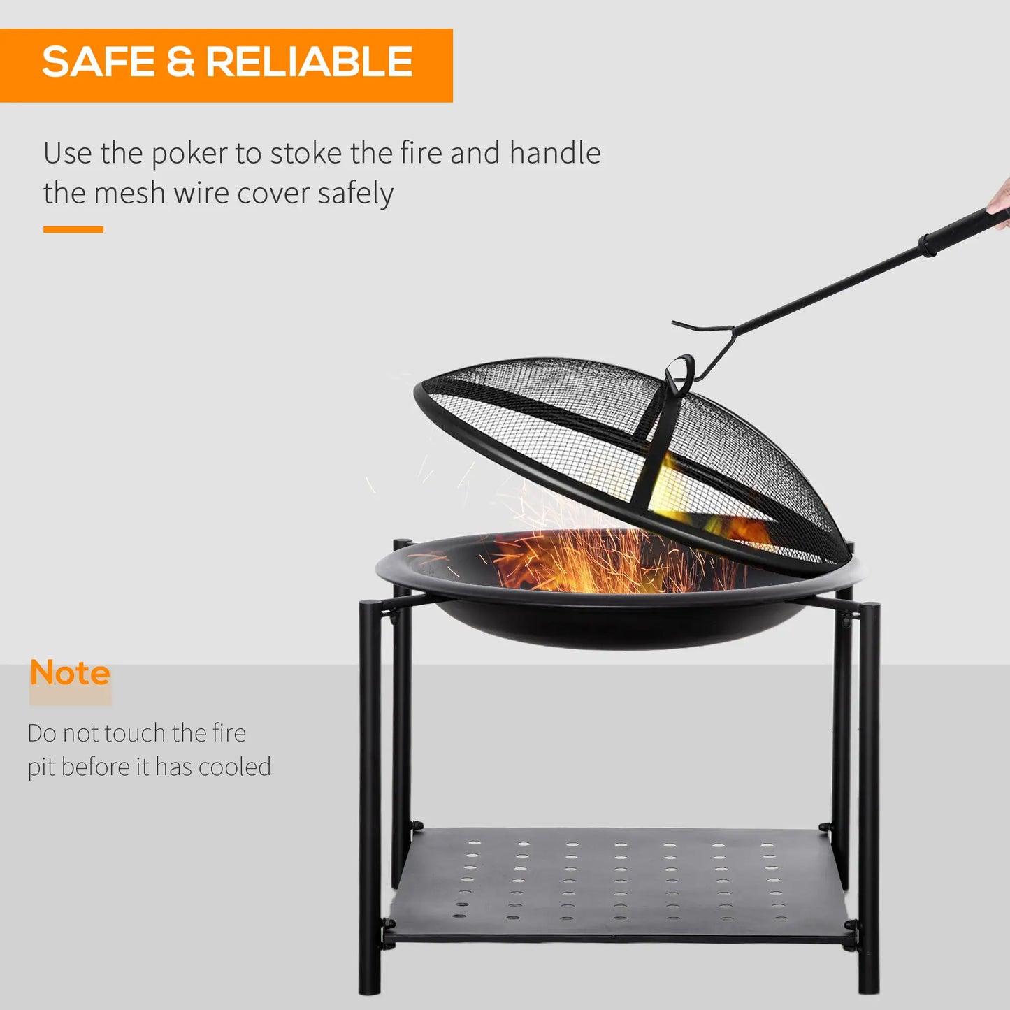 Outdoor Fire Pit with Metal Screen Cover and Storage Shelf