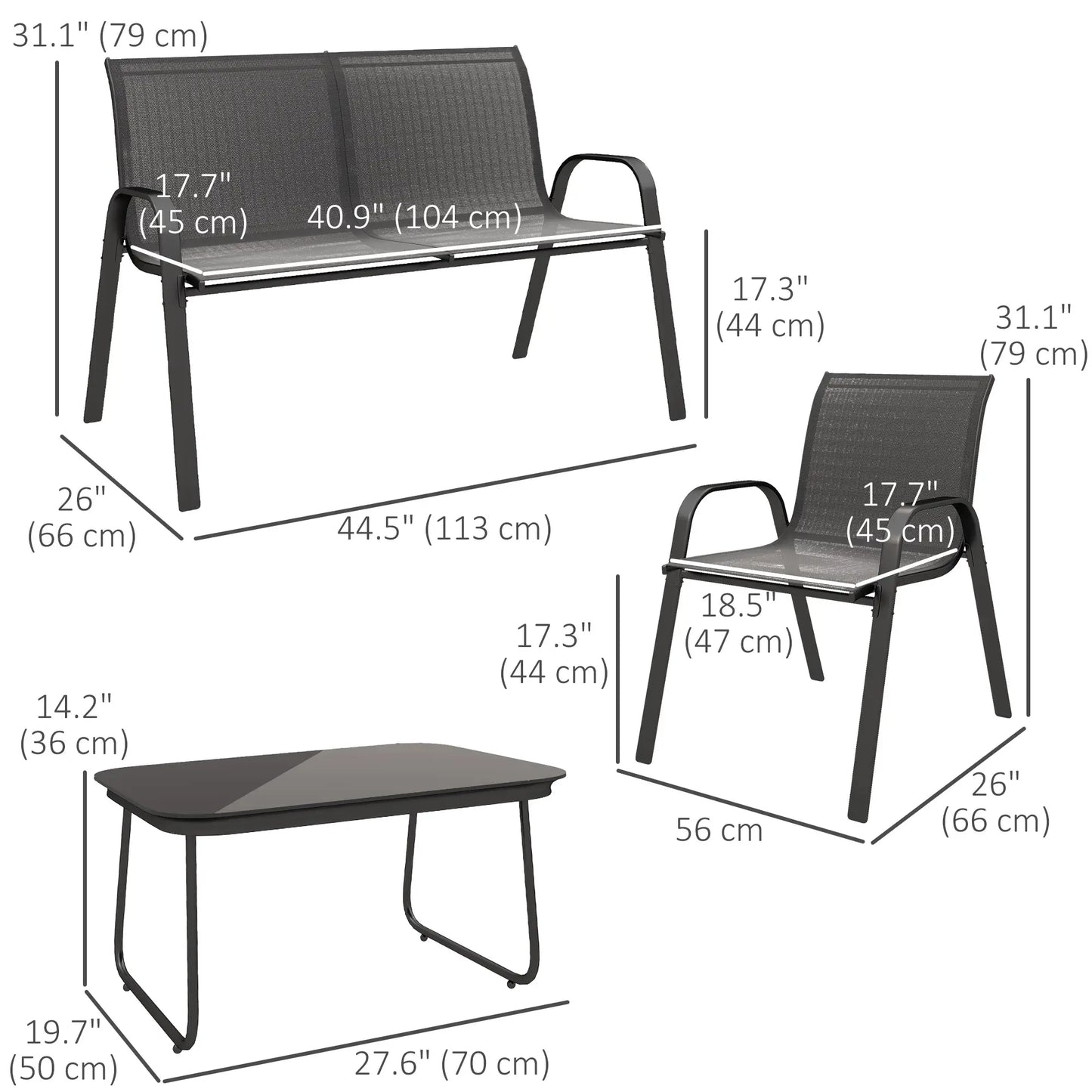 Black 4-Piece Breathable Mesh Outdoor Patio Furniture Set with Glass Table