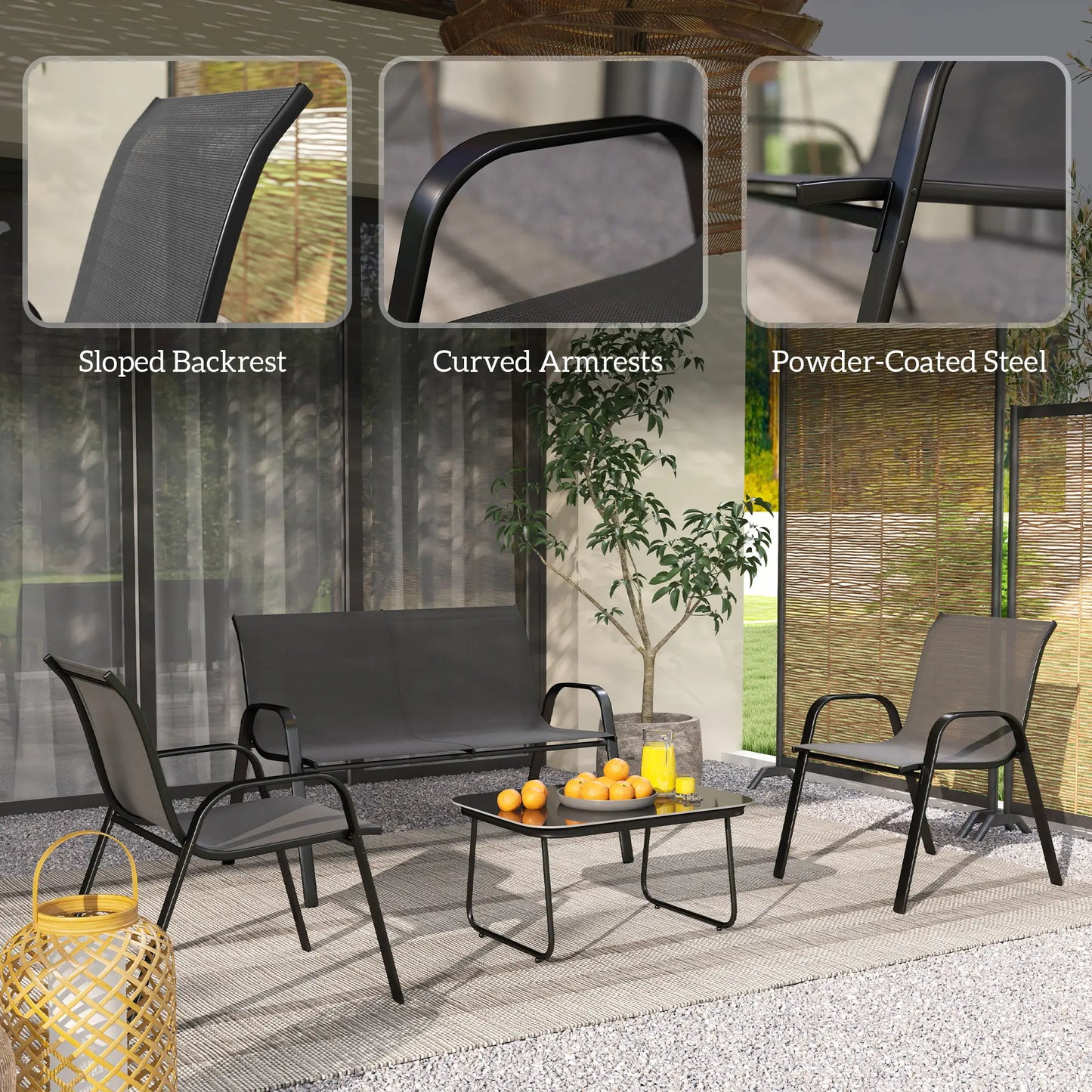 Black 4-Piece Breathable Mesh Outdoor Patio Furniture Set with Glass Table