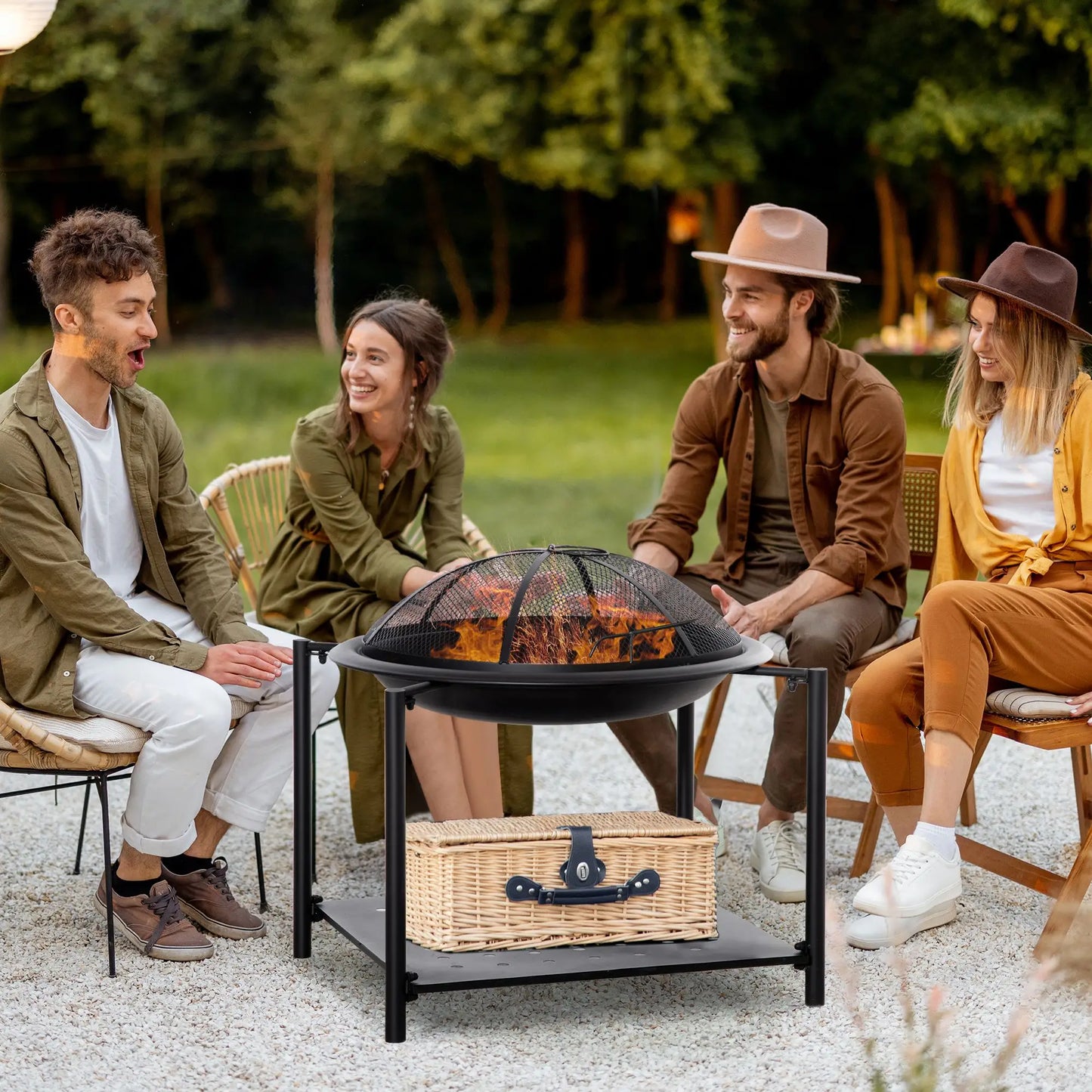 Outdoor Fire Pit with Metal Screen Cover and Storage Shelf