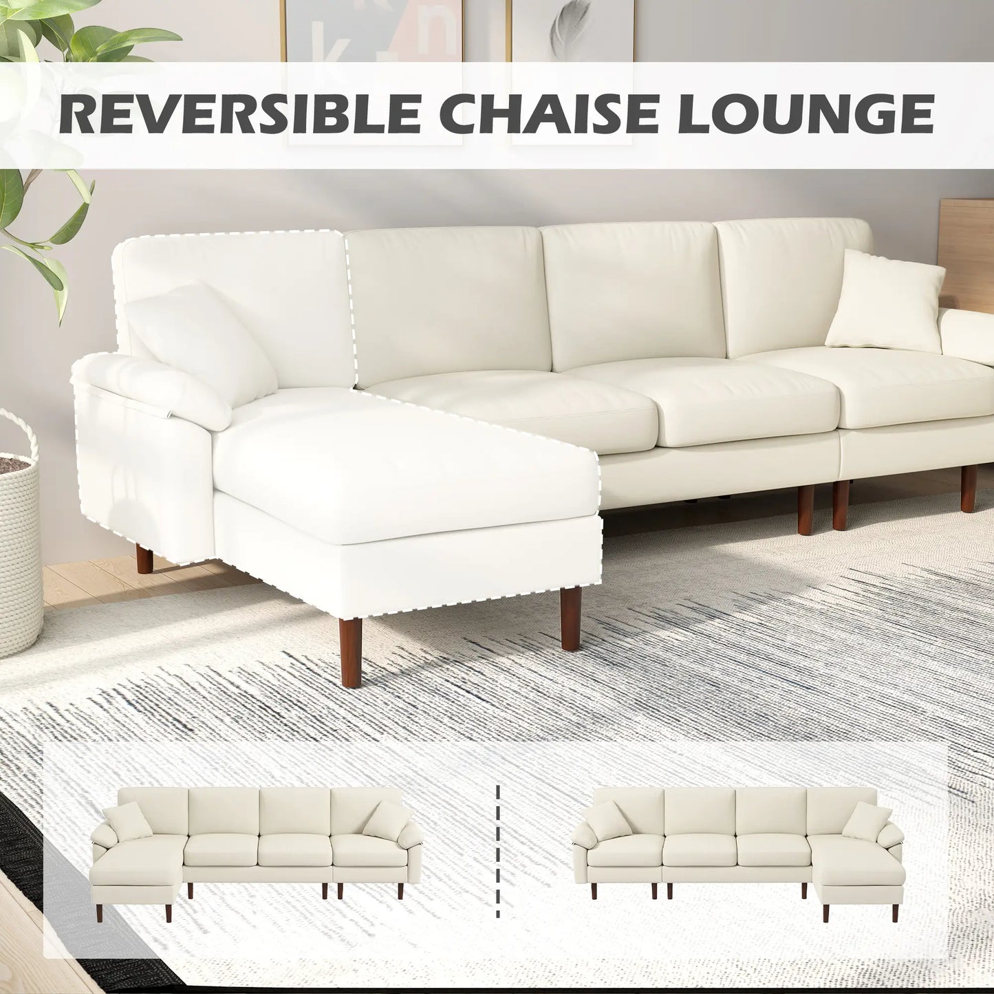 Modern L-Shape Sectional Sofa with Changeable Chaise Lounge | Cream White