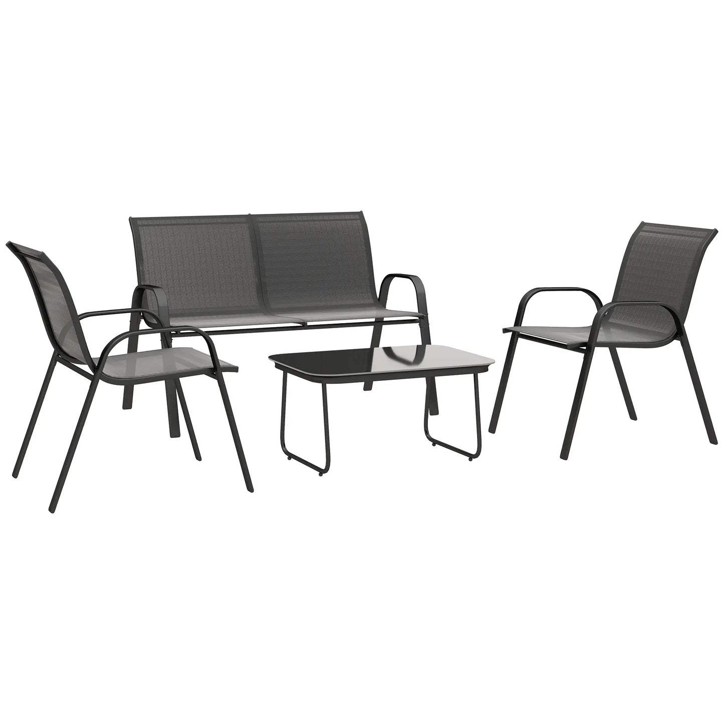 Black 4-Piece Breathable Mesh Outdoor Patio Furniture Set with Glass Table