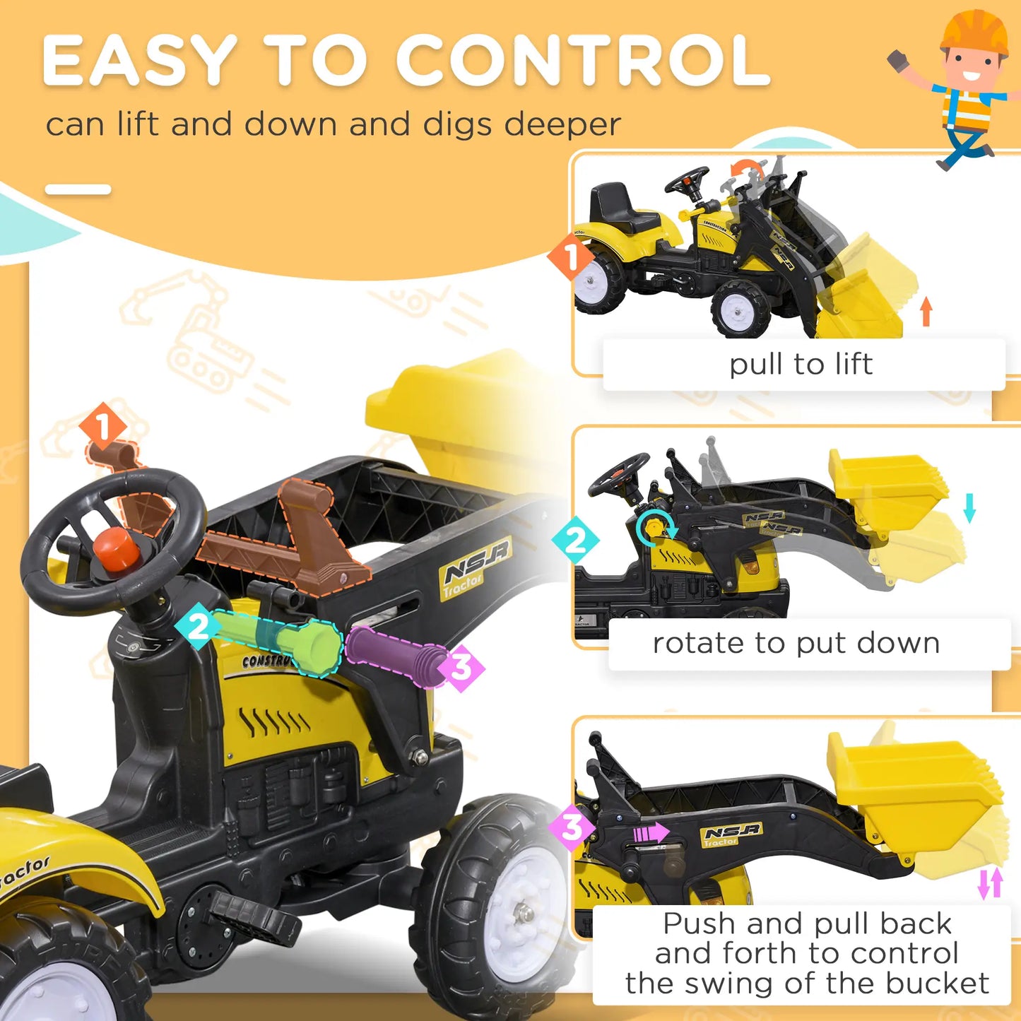 Ride on Pedal Excavator Tractor for Kids with Front Loader Digger