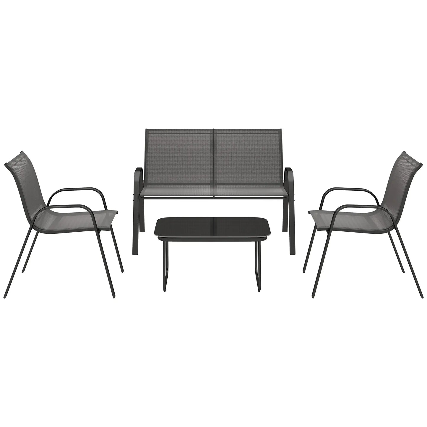 Black 4-Piece Breathable Mesh Outdoor Patio Furniture Set with Glass Table