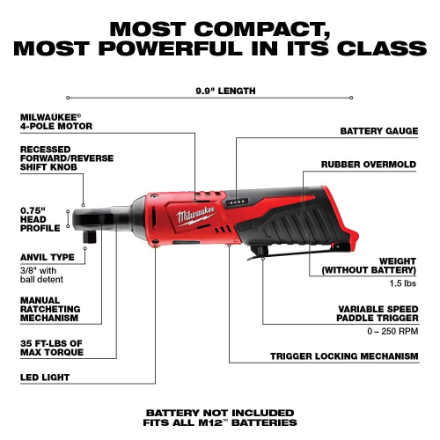 Milwaukee Tool M12 12V Lithium-Ion Cordless 3/8 -inch Ratchet (Tool-Only)