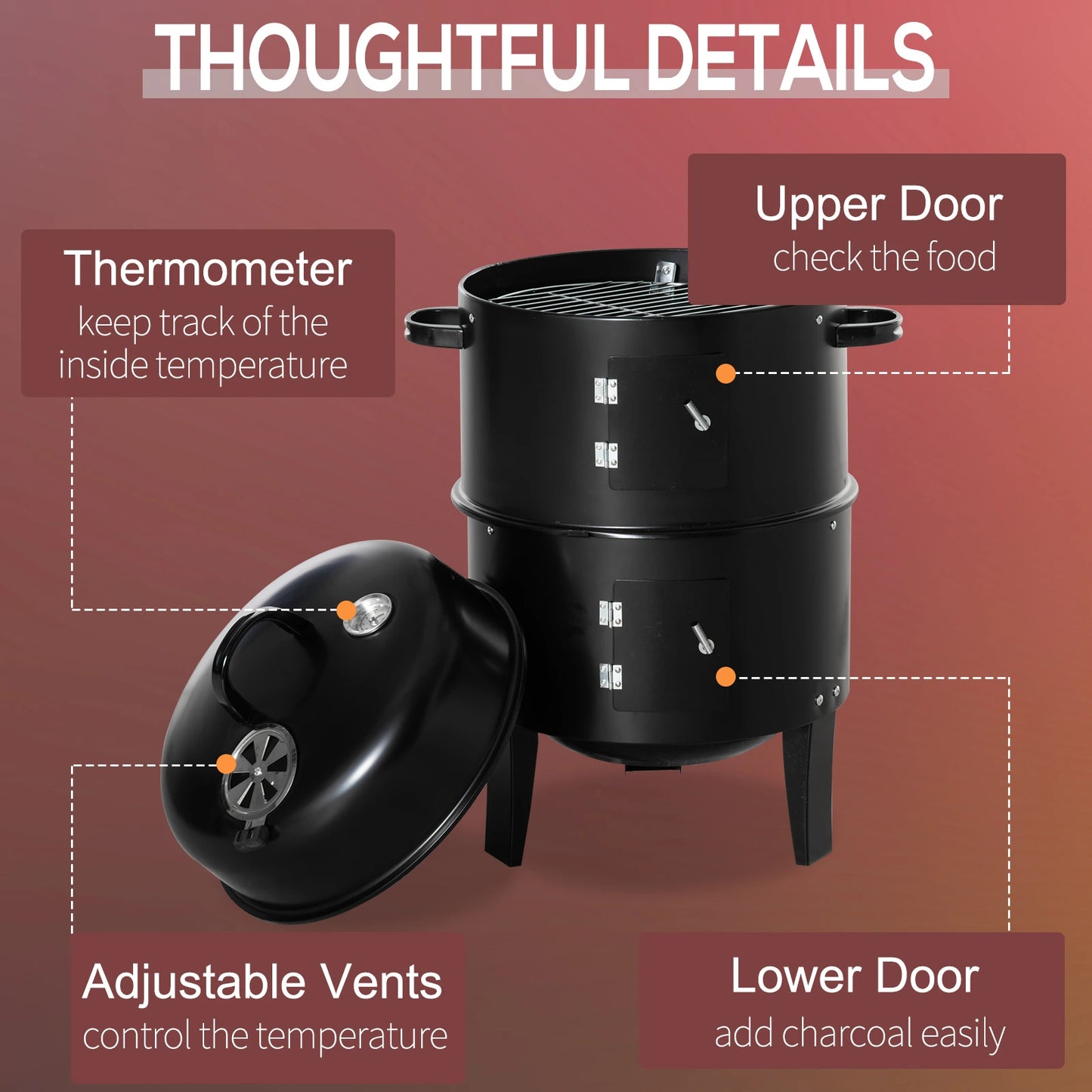 3-In-1 Barrel Charcoal BBQ Grill & Smoker