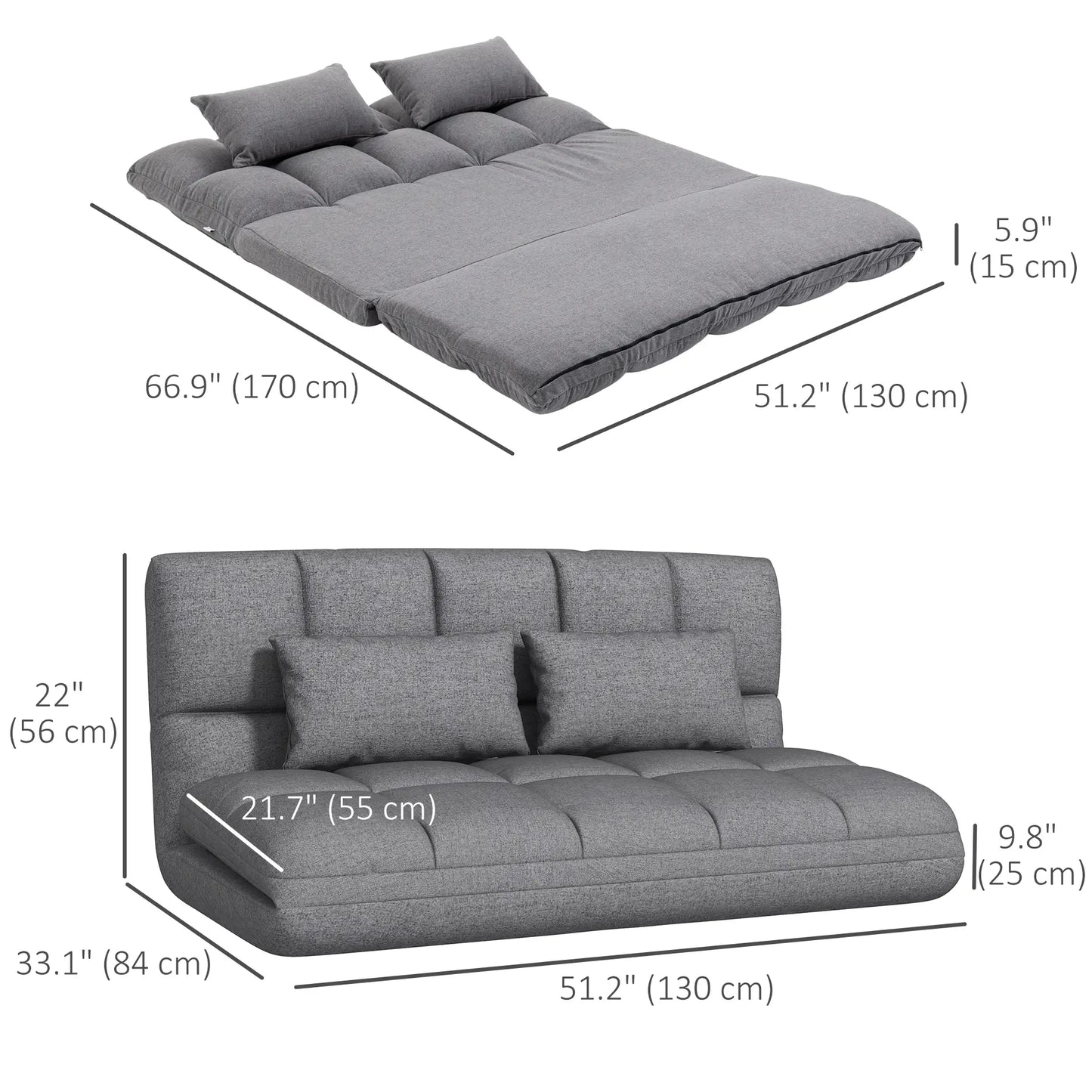 Light Grey Modern 51" Foldable 2-Seater Floor Sofa bed