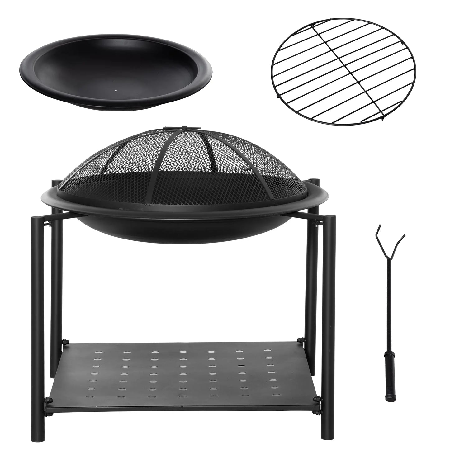 Outdoor Fire Pit with Metal Screen Cover and Storage Shelf