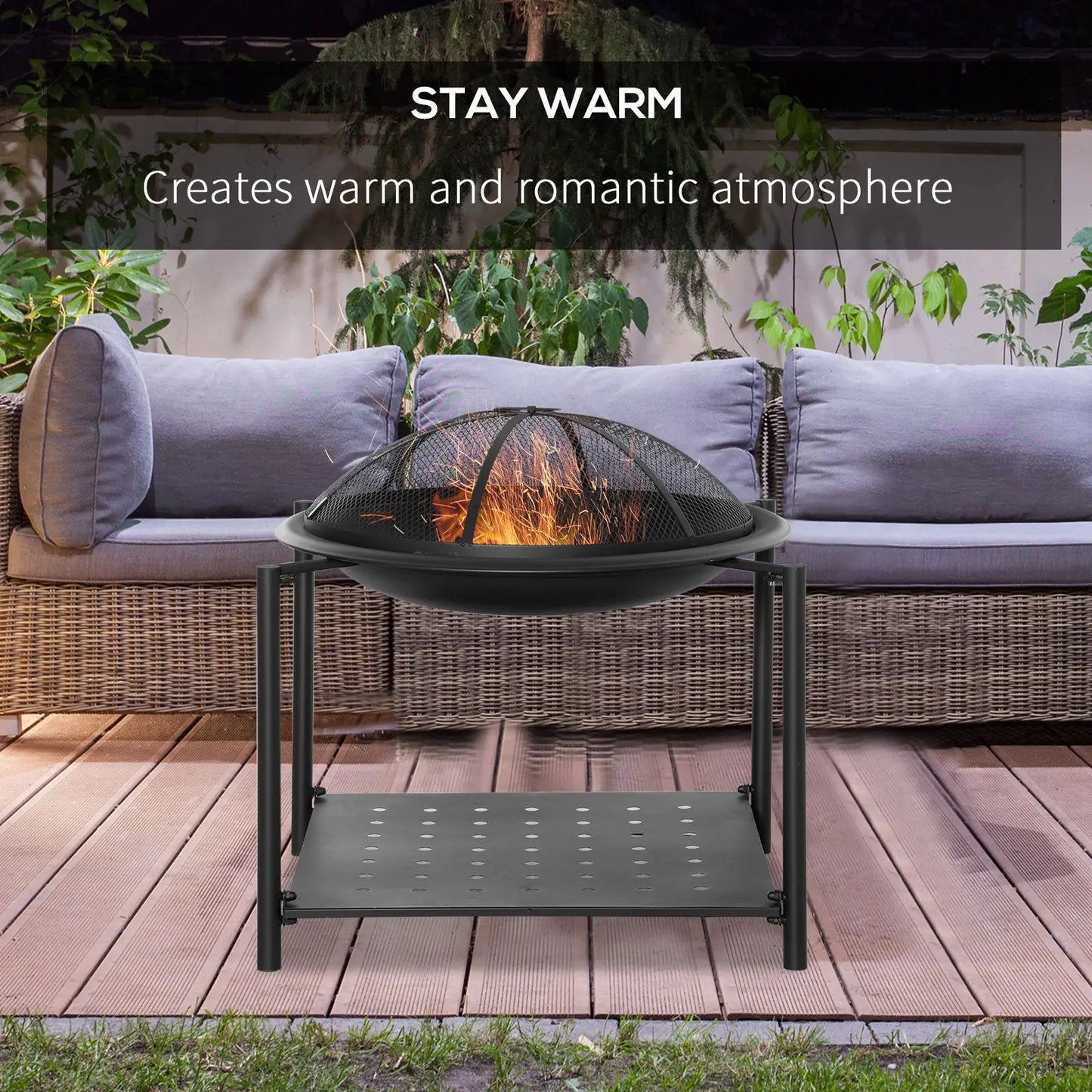 Outdoor Fire Pit with Metal Screen Cover and Storage Shelf
