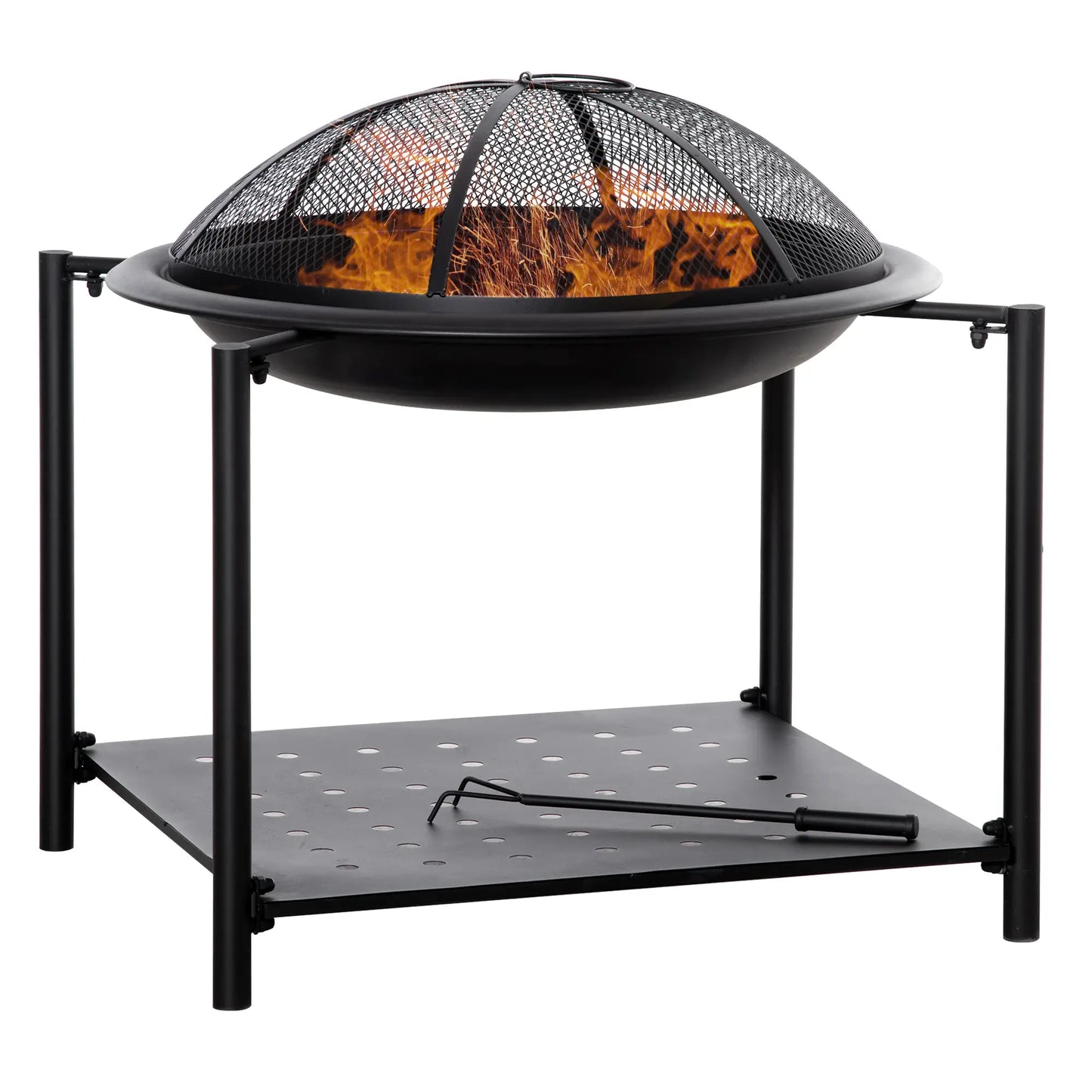 Outdoor Fire Pit with Metal Screen Cover and Storage Shelf