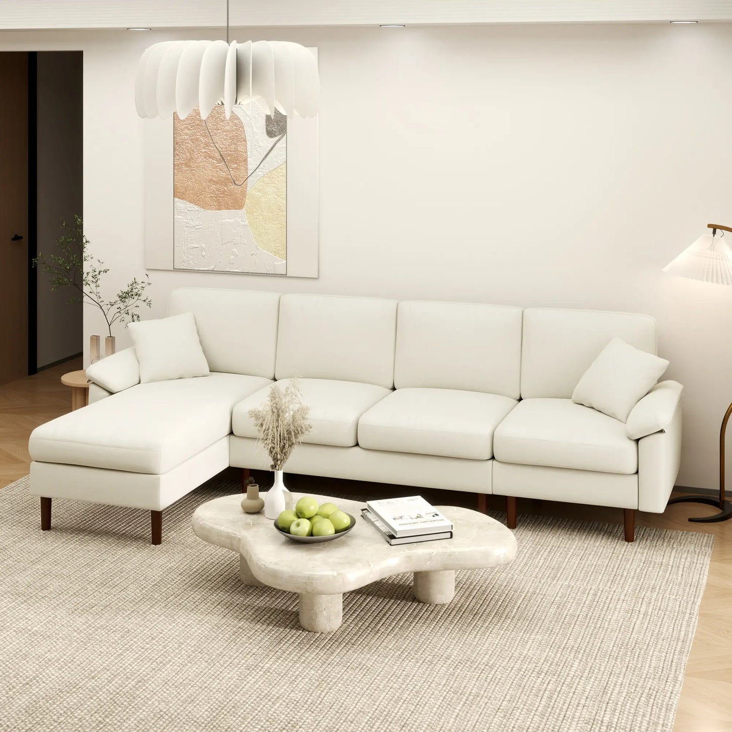 Modern L-Shape Sectional Sofa with Changeable Chaise Lounge | Cream White