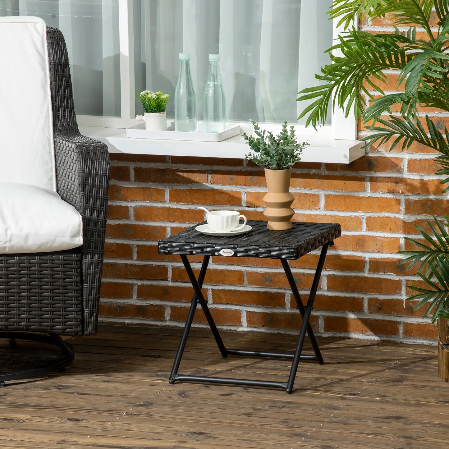 Black Rattan Wicker Outdoor Patio Square Folding Side Table