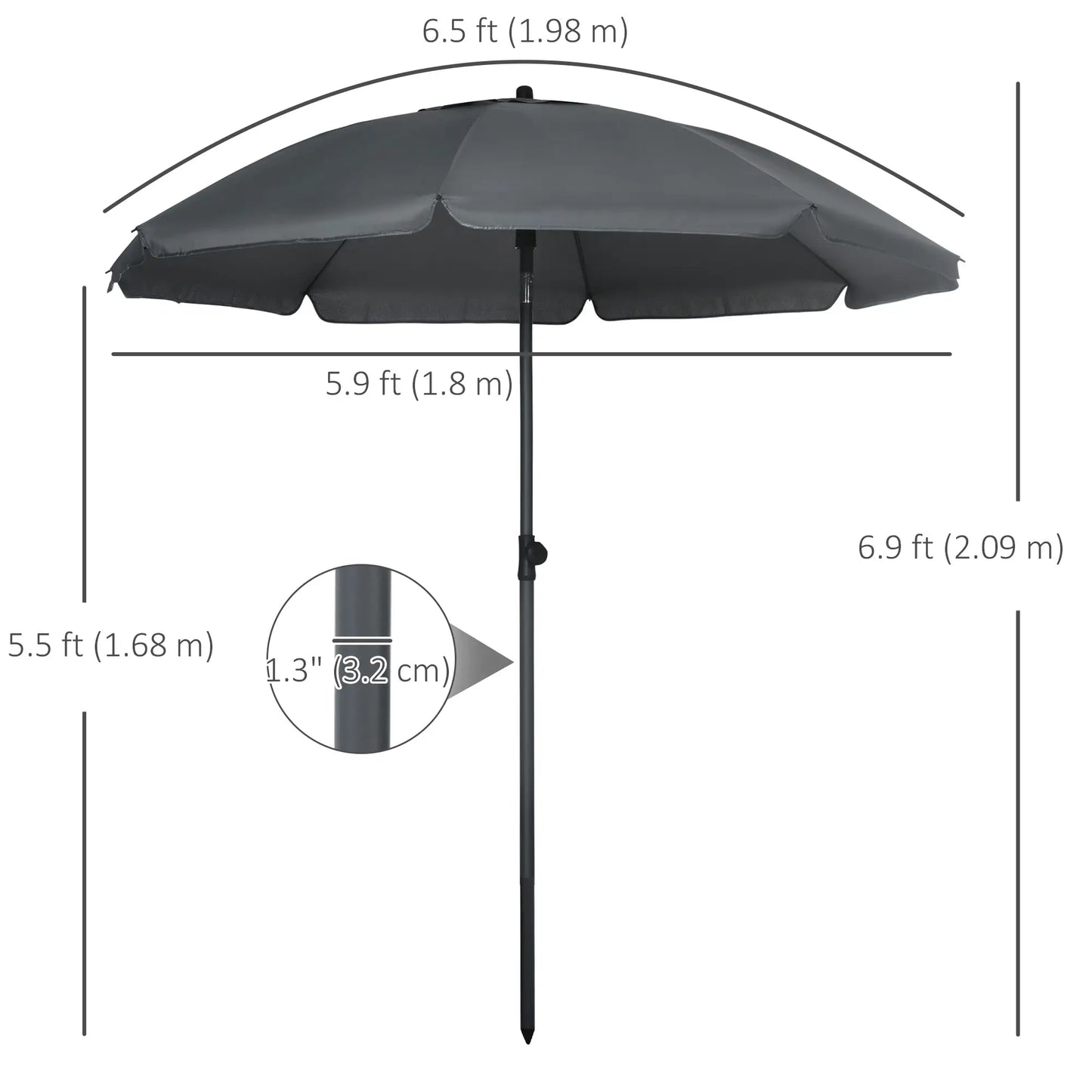 6ft Dark Grey Adjustable Outdoor Patio Umbrella and Parasol