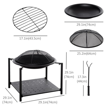 Outdoor Fire Pit with Metal Screen Cover and Storage Shelf