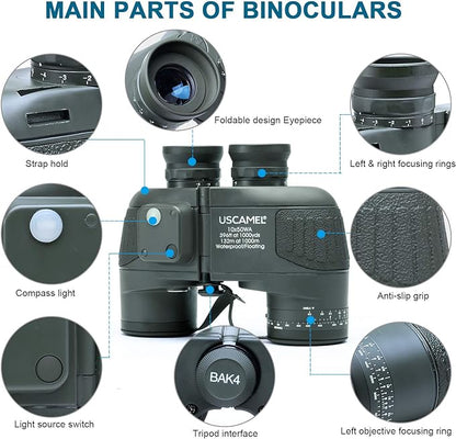 USCAMEL 10x50 HD Marine Binoculars with Rangefinder Compass