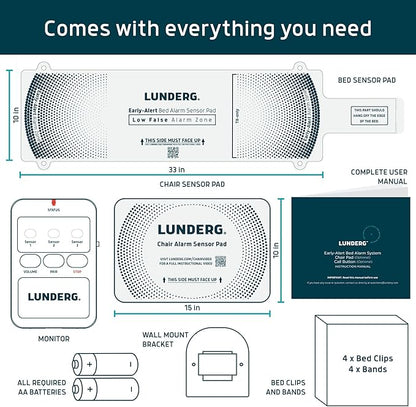 Lunderg Bed Alarm for Elderly Adults & Chair Alarm Set - Wireless Early-Alert Sensor Pad, Chair Pad & Pager