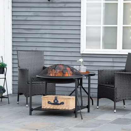 Outdoor Fire Pit with Metal Screen Cover and Storage Shelf