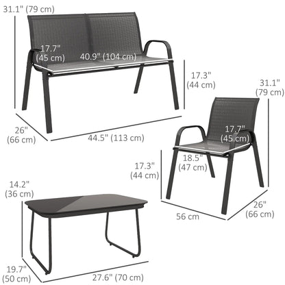 Black 4-Piece Breathable Mesh Outdoor Patio Furniture Set with Glass Table