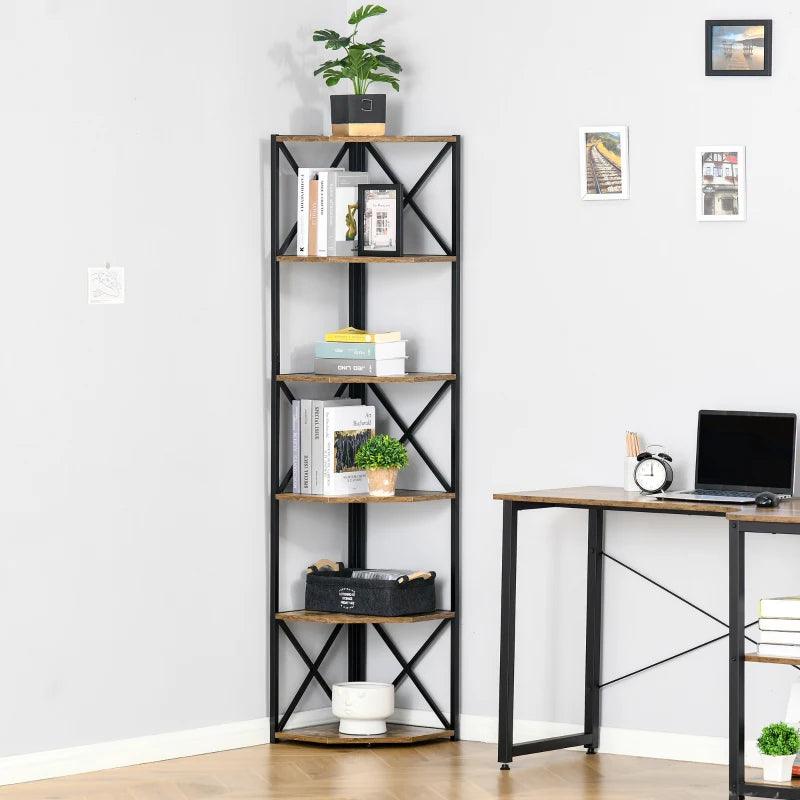 Industrial 6-Shelf Corner Bookshelf | Brown - Toronto Liquidation Warehouse