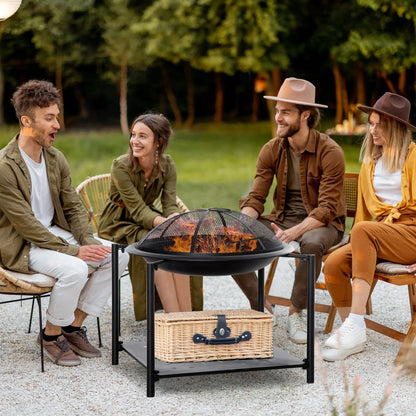 Outdoor Fire Pit with Metal Screen Cover and Storage Shelf