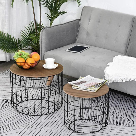 Industrial Round Wire Nesting Tables - Wood Brown - Toronto Liquidation Warehouse