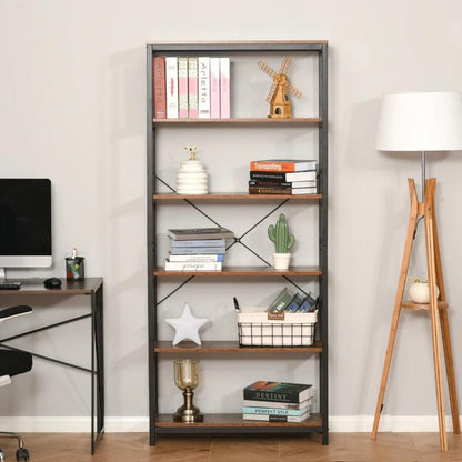 Industrial 6-Shelf Bookshelf | Wood Brown - Toronto Liquidation Warehouse