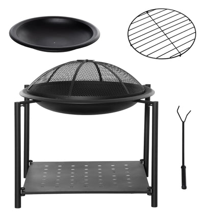Outdoor Fire Pit with Metal Screen Cover and Storage Shelf