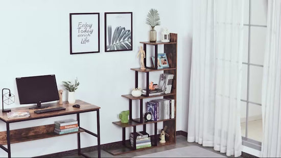 Sleek metal and wood bookcase enhancing living room decor