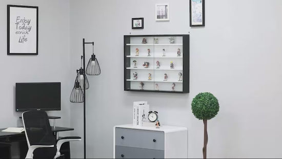 Elegant wall shelf with glass door in a modern home setting.