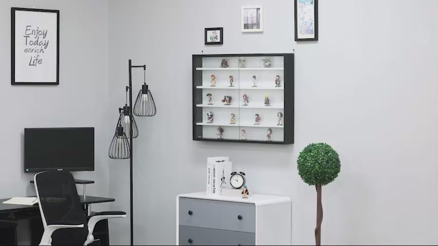 Elegant wall shelf with glass door in a modern home setting.