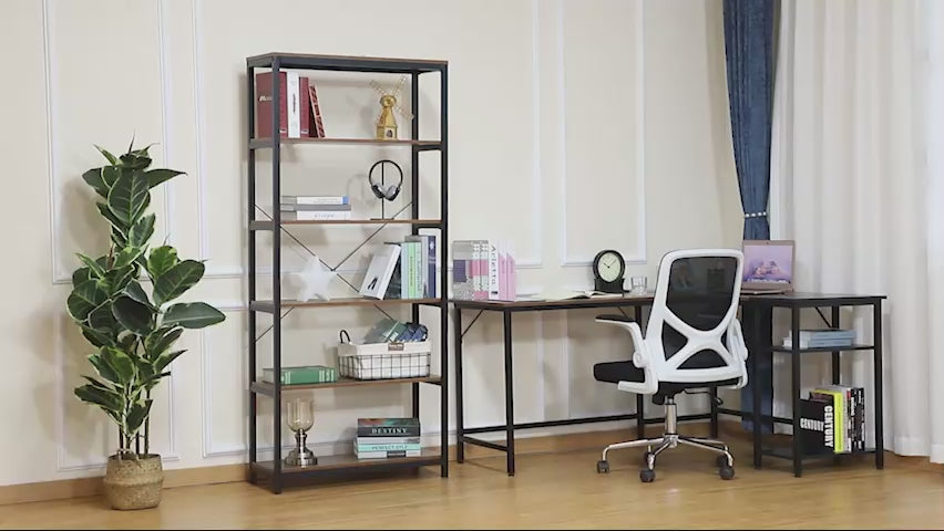 Sleek metal and wood bookshelf with six spacious shelves