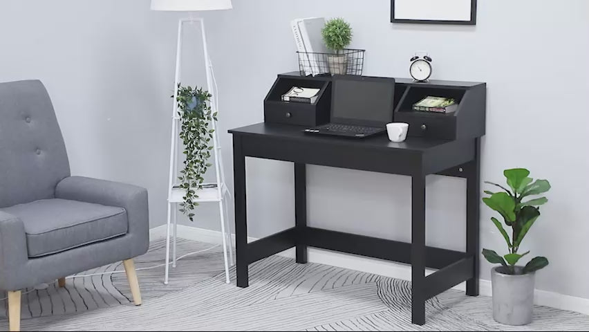 Sleek office desk with wood surface and drawer.