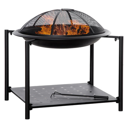 Outdoor Fire Pit with Metal Screen Cover and Storage Shelf