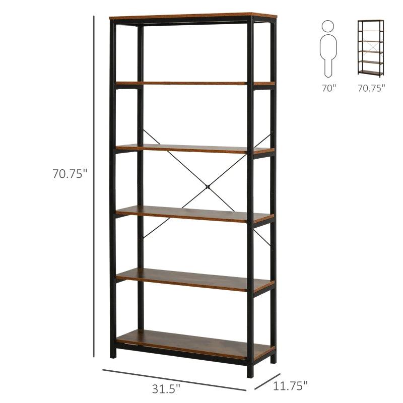 Industrial 6-Shelf Bookshelf | Wood Brown - Toronto Liquidation Warehouse